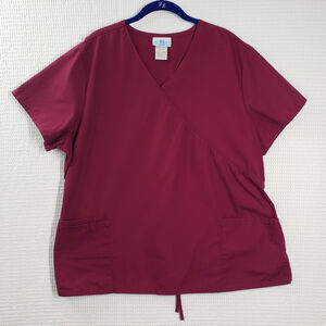 SB Scrubs Medical Top Womens 2X Red Mock Wrap V-Neck Pockets Nurse Vet Health